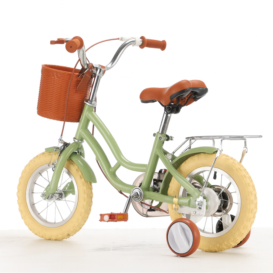 Green children's bicycle with a brown basket on a white background