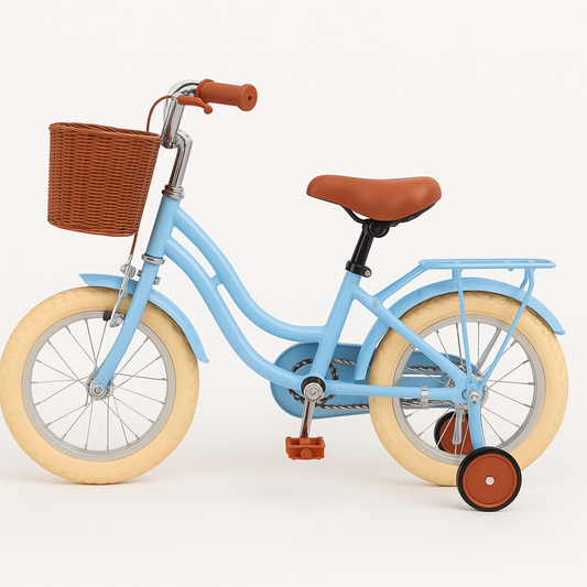 Blue children's bicycle with a brown basket on a white background
