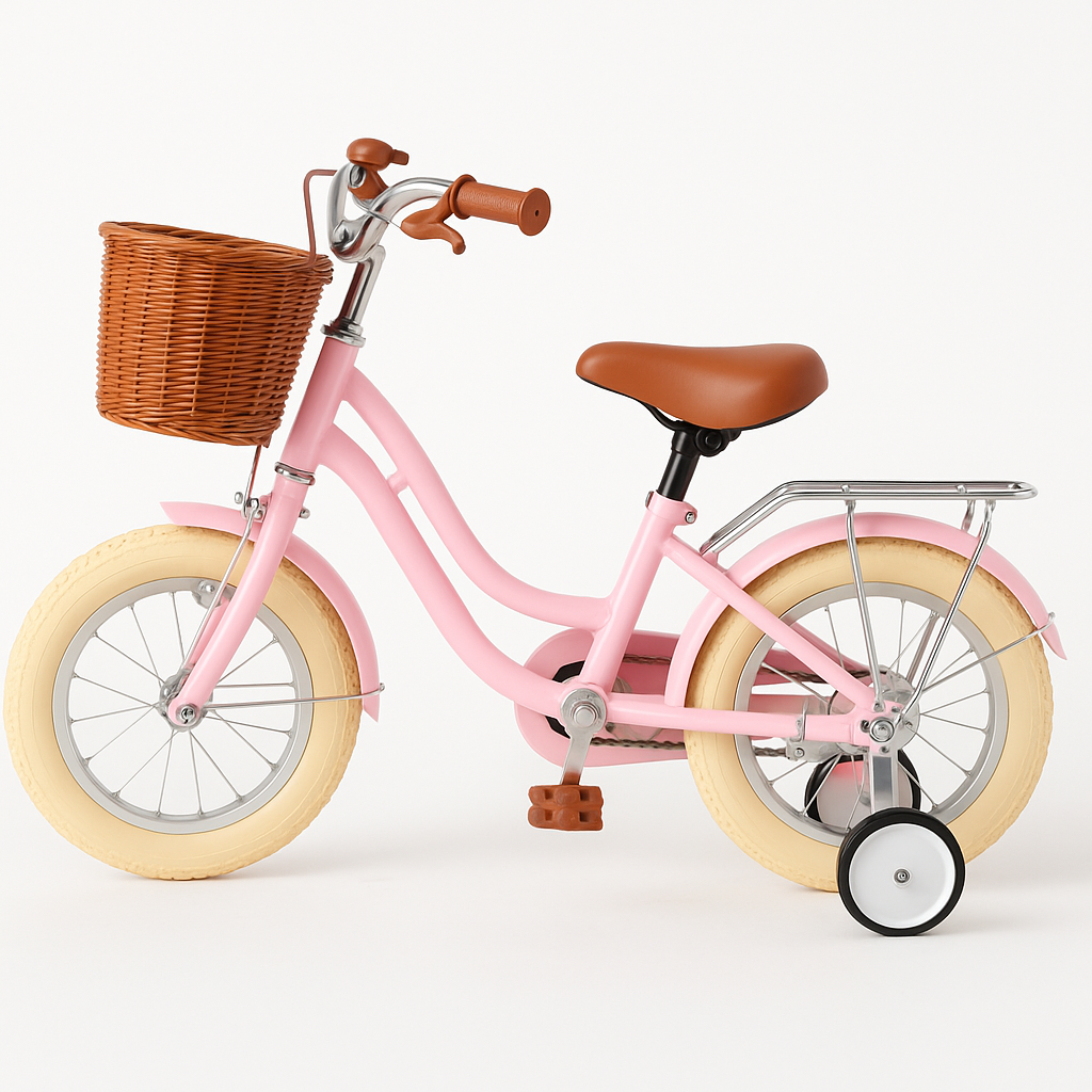 Pink children's bicycle with a basket on a white background